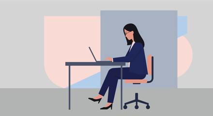 a woman in a business suit sitting at a desk, working on a laptop computer. Suitable for landing page, banner, marketing, web design, presentation, infographic, etc.