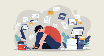 A stressed worker is overwhelmed by a mountain of office paperwork and digital screens in a modern flat design illustration.
