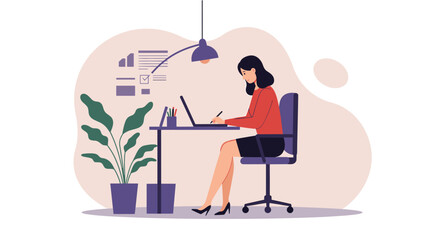 A professional woman is busy working on her computer, designing a landing page or marketing banner in a contemporary flat design style.