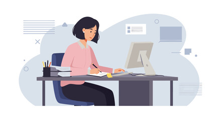 A focused businesswoman is working at her modern desk, taking notes and using a computer for a marketing presentation, perfect for landing page or banner design.