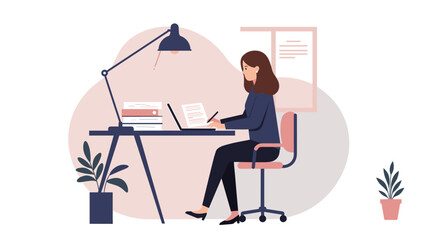 Woman working at desk with laptop and lamp, flat design illustration for web and marketing presentation.