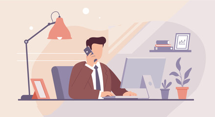 a man in a suit engaged in a phone conversation while working at a desk with a computer, lamp, and plant. Suitable for landing page, banner, marketing, web design, presentation, infographic, etc.