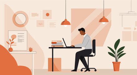 Modern flat design illustration of a person working on a laptop at a desk in a stylish home office, perfect for web design.