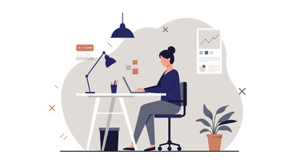A flat design illustration depicts a woman working on a laptop at her desk, surrounded by office elements, ideal for marketing and web design projects.