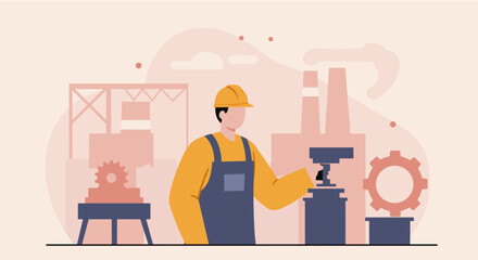 A flat design illustration of a factory worker in a yellow hardhat operating machinery in a modern industrial setting, perfect for marketing and web design materials.