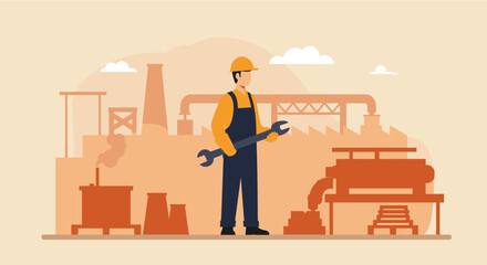 A male industrial worker in uniform holds a wrench against a factory backdrop, depicted in a modern flat design illustration style.