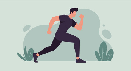 a man in a black outfit running with a determined expression. Suitable for landing page, banner, marketing, web design, presentation, infographic, etc.