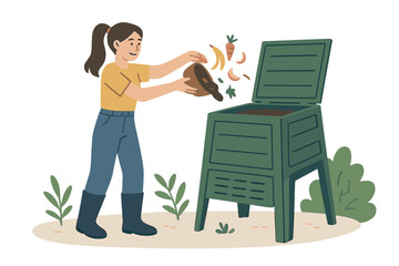 Fototapeta premium A young woman adds organic waste to a garden composter, illustrating people's gardening habits and zero waste concept in a vector graphic