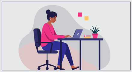 Modern flat design illustration of a woman working on her laptop at her desk, ideal for landing pages, banners, marketing, and presentations.