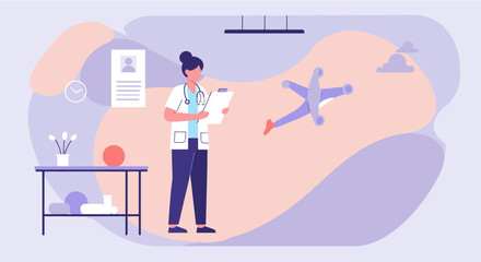 A medical professional reviews a report in a modern, flat design illustration, showcasing healthcare, technology, and innovative medical practices within a contemporary setting.