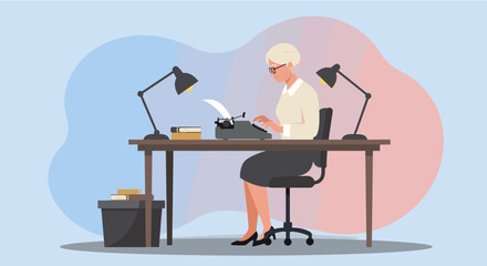 Creative woman typing on vintage typewriter at desk with lamps, modern flat design illustration for web and marketing.