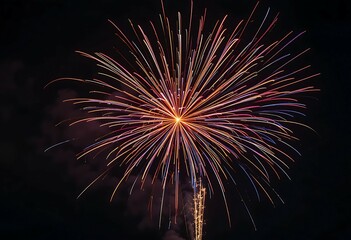 Bright multicolored fireworks exploding in the dark night sky with trails of light
