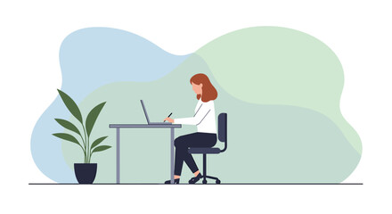 a woman sitting at a desk using a laptop, with a potted plant to her left and a light green background. Suitable for landing page, banner, marketing, web design, presentation, infographic, etc.