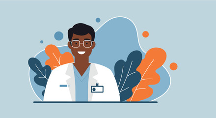 a smiling individual wearing a white lab coat, glasses, and a name tag. Suitable for landing page, banner, marketing, web design, presentation, infographic, etc.