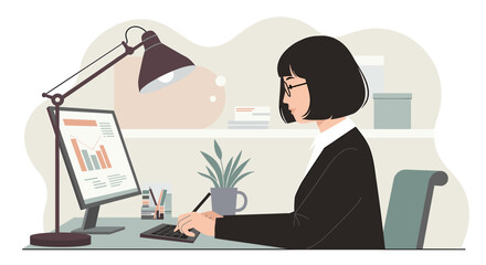 a woman in a business suit working at a desk with a computer, lamp, and plant in the background. Suitable for landing page, banner, marketing, web design, presentation, infographic, etc.