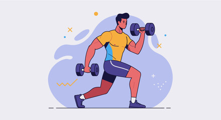 a man in a yellow shirt and blue shorts, actively engaged in weightlifting with dumbbells in his hands. Suitable for landing page, banner, marketing, web design, presentation, infographic, etc.