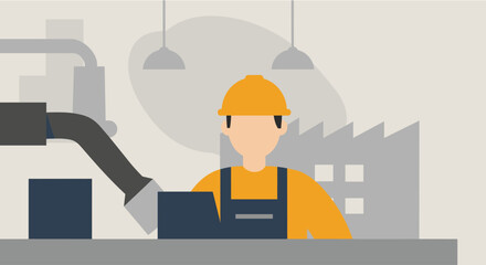 An industrial worker in a hard hat is shown in a modern flat design illustration, overseeing a streamlined production line within a factory setting.