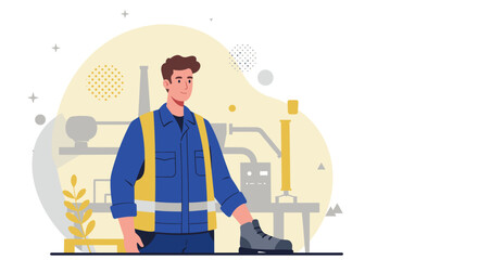 Skilled industrial worker in safety vest and boots stands confidently in front of factory machinery, representing industry and manufacturing.