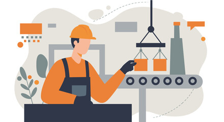 Flat design illustration of a factory worker inspecting products on a production line, ideal for landing pages, banners, marketing materials, and presentations.