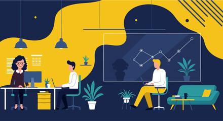 A vibrant, modern office scene with employees working on laptops and computers, showcasing a collaborative environment ideal for marketing and web design landing pages.