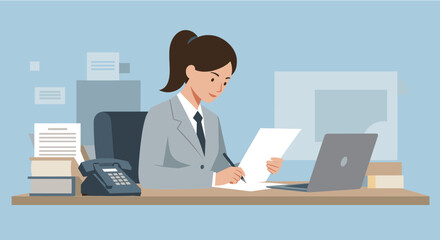 Professional woman in a suit working at a desk with laptop, phone, and documents, suitable for business presentations.