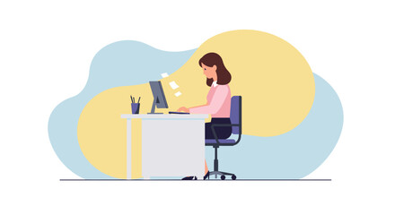 A young woman is diligently working on her computer at a desk, surrounded by abstract shapes, illustrating modern office productivity in a flat design style.
