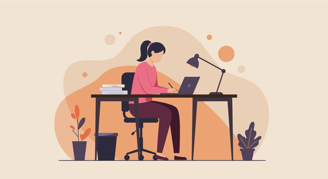 A dedicated woman efficiently works on her laptop at a stylish home office desk, presented in a modern flat design illustration.