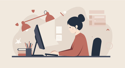 A woman is working on a computer at her desk, with a modern flat design style, suitable for marketing and web design projects, using a clean infographic aesthetic.