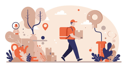 A delivery man in a cap with a box walks through a fanciful landscape, suitable for a website landing page or marketing presentation with a flat design style.