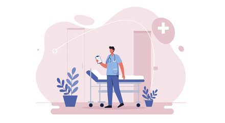 A healthcare professional stands in a modern, minimalist hospital room, reviewing a patient's chart, with a focus on medical care and wellness in a clean and serene environment.