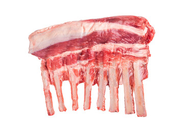 Raw rack of lamb, mutton cutlets isolated on white background. top view