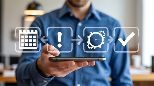 Man holding phone displaying workflow icons calendar alert clock checkmark image