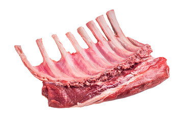 Raw rack of lamb, mutton cutlets isolated on white background. top view