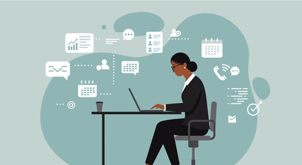 A businesswoman sits at her desk working on a laptop surrounded by flat design icons representing marketing, web design, and business presentation elements for a landing page.