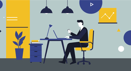 Modern flat design illustration of a businessman working on a laptop at his desk in a contemporary office space.