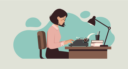 A woman is seated at a desk, typing on a typewriter with a lamp providing light to her workspace. Suitable for landing page, banner, marketing, web design, presentation, infographic, etc.