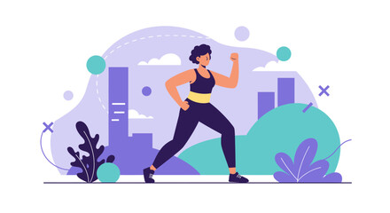 a woman in athletic attire jogging in a park with a city skyline in the background. Suitable for landing page, banner, marketing, web design, presentation, infographic, etc.
