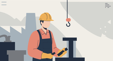 A flat design illustration features a construction worker in a yellow helmet and overalls, inspecting tools in front of an industrial factory and crane, perfect for presentations.