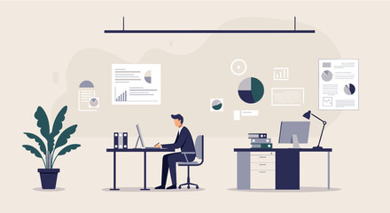 An illustrated flat design showcases a businessman working diligently at his desk, surrounded by data visualization elements, ideal for marketing and presentation materials.