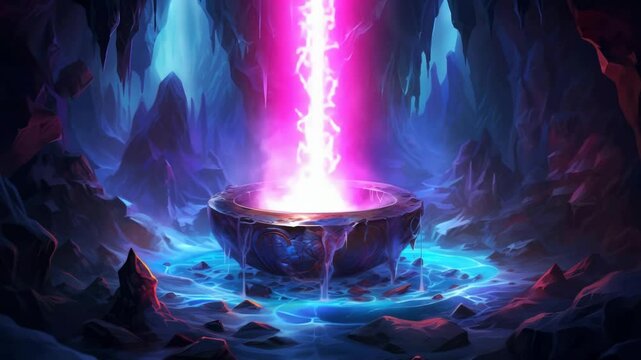 Magical neon pink energy beam charging ancient stone cauldron in ice cave