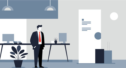 a minimalist office scene with a man in a suit standing in front of a desk, flanked by two potted plants. Suitable for landing page, banner, marketing, web design, presentation, infographic, etc.