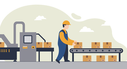 a worker in a blue jumpsuit and hard hat operating a conveyor belt with multiple boxes. Suitable for landing page, banner, marketing, web design, presentation, infographic, etc.