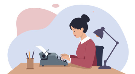 a woman typing on a typewriter, with a lamp and a cup of writing tools on a desk in front of her. Suitable for landing page, banner, marketing, web design, presentation, infographic, etc.