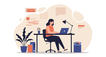 Flat design illustration of a woman working on her laptop at her desk, ideal for landing pages, banners, marketing presentations, and web design projects.