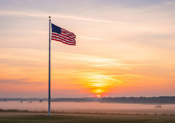 Calm sunrise with American flagpole