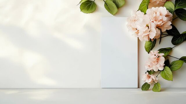Vertical mockup cards with pink hydrangea flowers and green leaves on a white background with soft shadows