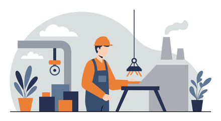 An illustration depicts a factory worker in an industrial setting, utilizing flat design elements to showcase manufacturing and production processes with a focus on technology and innovation.
