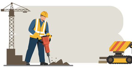 A construction worker in a hard hat operates a jackhammer near a crane and excavator, suitable for a landing page or marketing banner with flat design elements.