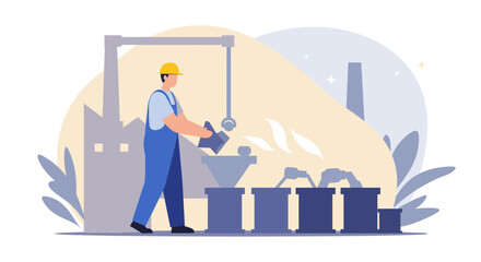 An illustrated industrial worker in a factory setting, managing production and quality control with a focus on efficiency and precision for marketing and presentation materials.