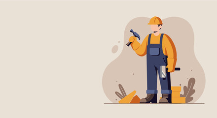 A flat design illustration depicts a skilled construction worker in a hard hat and overalls, holding a hammer and chisel, ready for building or repair work.